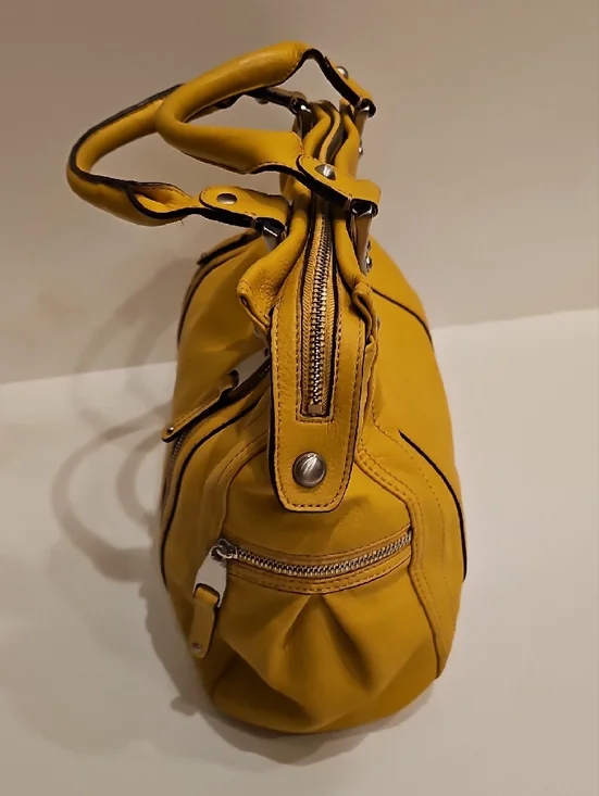 b. makowsky Yellow Leather Shoulder Satchel 15"x12"x4" - Picture 3 of 13